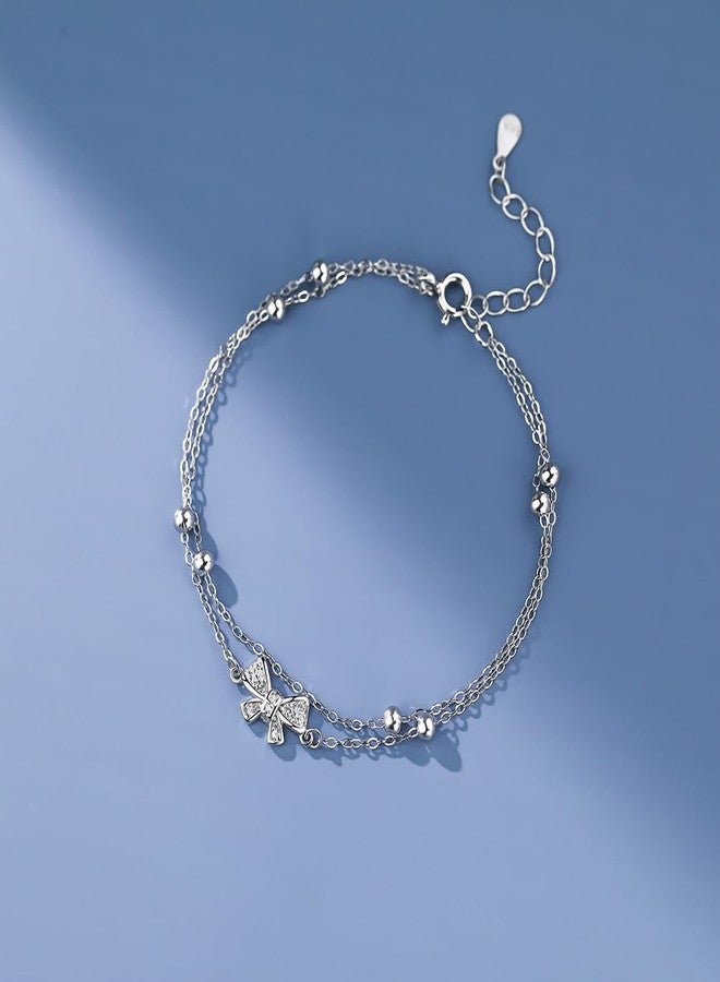 Kawailay Bow Charm Link Bracelet Multilayered Bow Tie Charm Bracelet Crystal Bow Bracelet Bangle for Women - Silver - Image 4